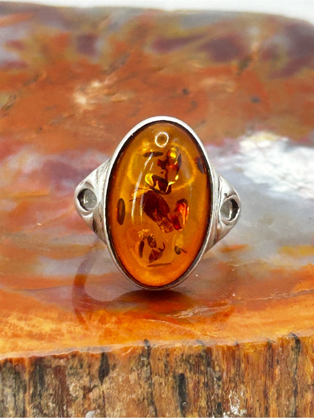 Vintage Sterling Silver Amber Ring - Size 7